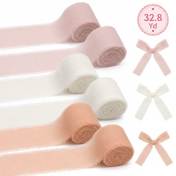 Chiffon Ribbon, Pink and White Frayed Edge Fabric Ribbon, 1.5 in Wide, 32.8 yd, for Wedding Bouquets, Gift Wrapping and Crafts