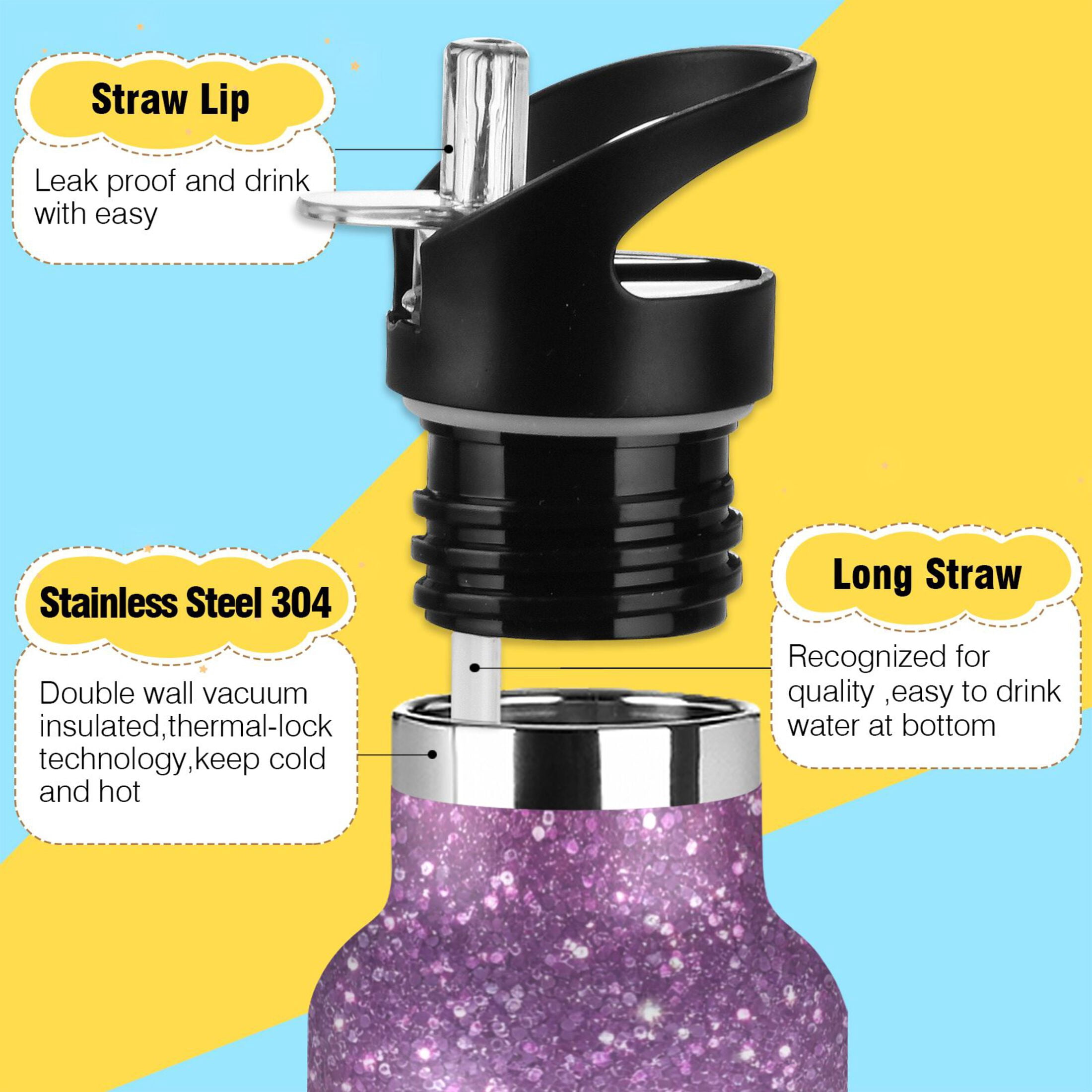 Kids Insulated Stainless Steel Sports Water Bottle 600ml Pink and Purple Glitter Pattern