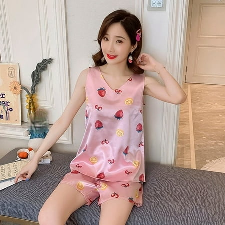 

PIKADINGNIS 2pcs Women Sleepwear for Summer Short Ice Silk Vest Pajamas Sets Girl Print Pyjama Set Women Nightshirt Sets Sexy Home Wear