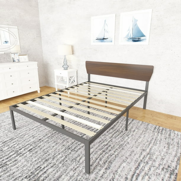 Teraves Queen Size Bed Frame Platform Bed With Headboard And Wood Slat Support Mattress Foundation Box Spring Optional Easy Assembly Walmart Com Walmart Com