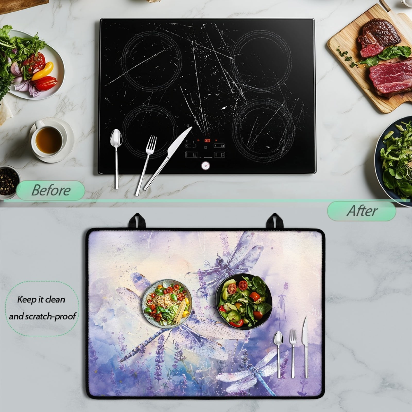 Renewold Stove Top Cover for Glass Stove Top, Ceramic Glass Stove Cover Mat Oil Resistant Prevent Scratching Oven Mat Protector Expands Usable Space, Dragonfly Lavender Violet