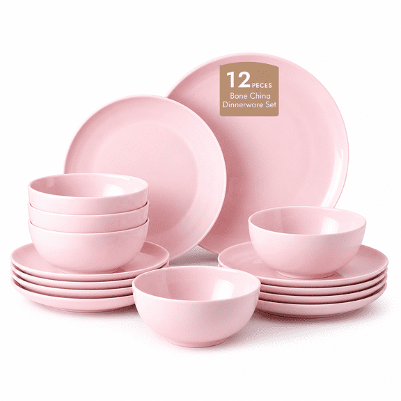 12-Piece Sakura Pink Porcelain Dinnerware Set, Service for 4