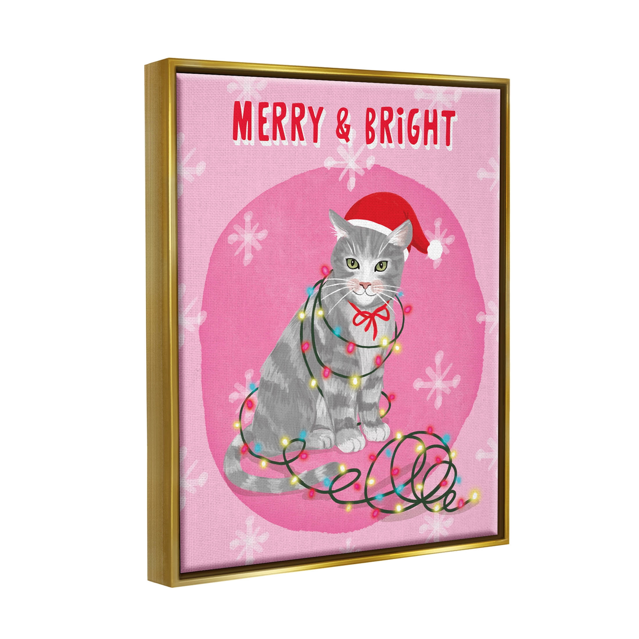 Merry & Bright Christmas Cat Holiday Graphic Art Metallic Gold Framed Art Print Wall Art