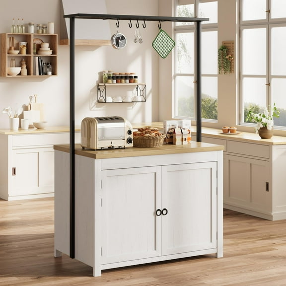 Juiluna Kitchen Island with Storage 42 in - Heavy Duty Kitchen Cart, Mobile Kitchen Island with 2-Tier Shelves & 5 Hooks, Solid Wood Countertop for Small Spaces (White & Natural)