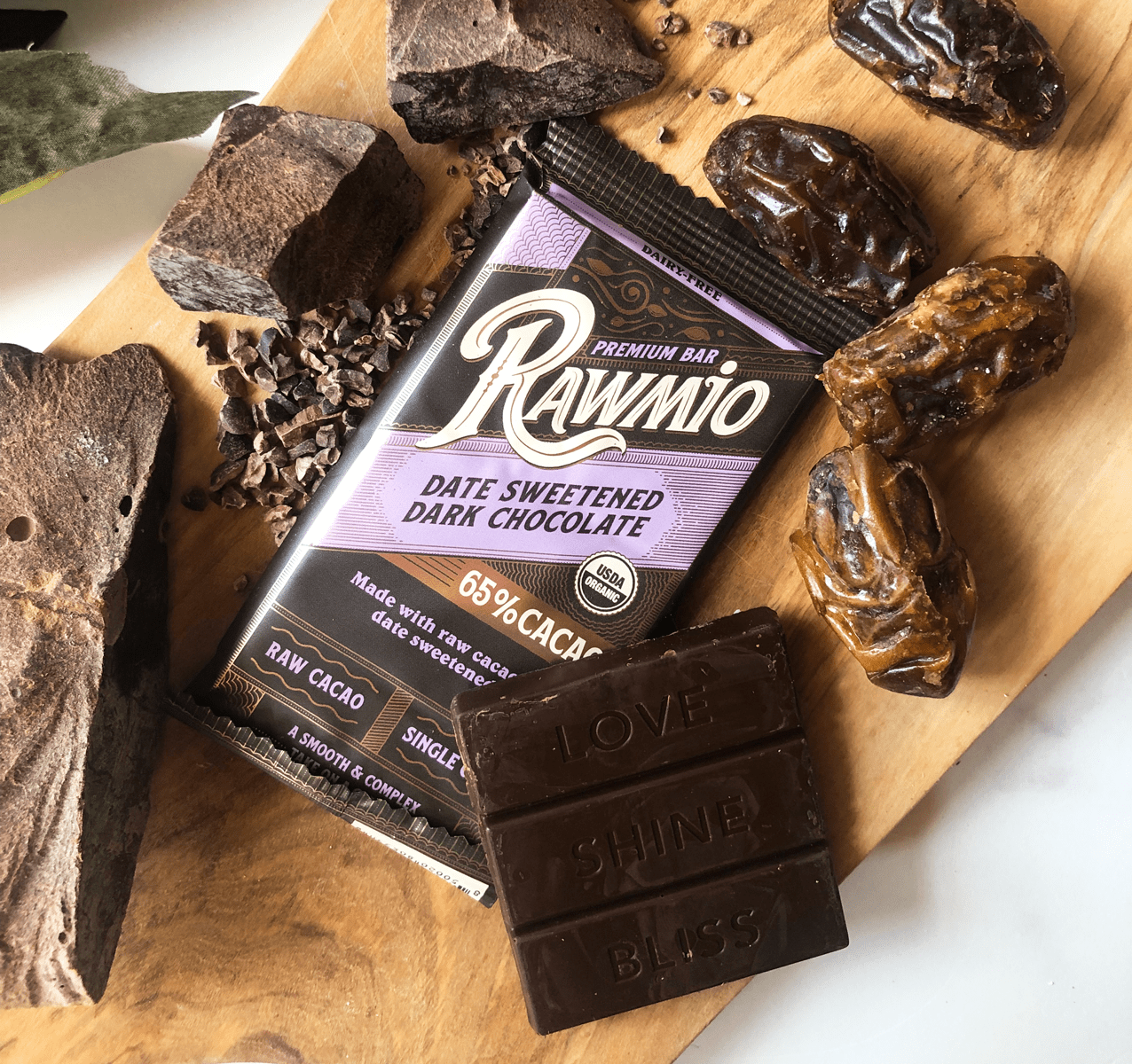 Rawmio - Organic Premium Date Sweetened Dark Chocolate Bar - 65% Cacao, 1.76oz bar, 12 Pack
