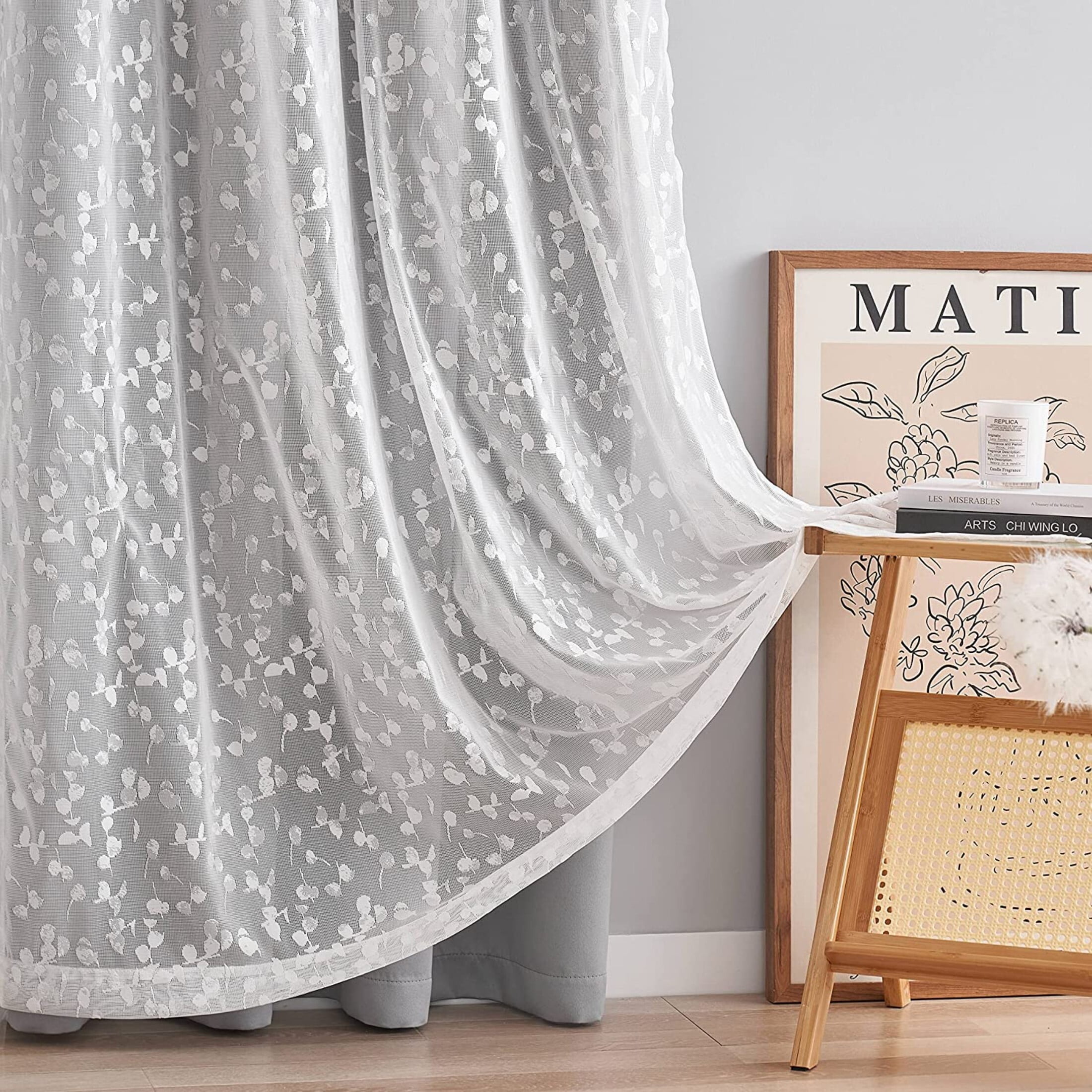 Flowpartex Gray White Mix Matched Full Blackout Curtains with Lace Leaf Sheer 4 Window Sheer Panels for Modern Bedroon Living Room Decor, 52" W x 95" L