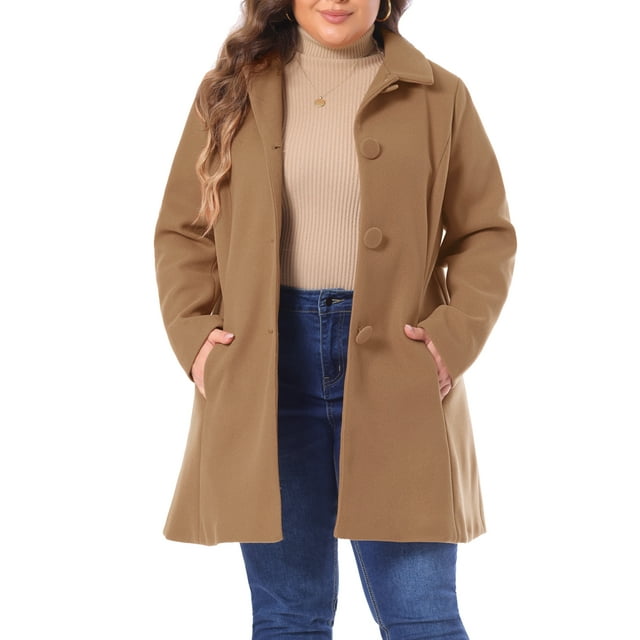 Abrigo de mujer de talla grande Agnes Orinda con cuello de solapa, bolsillos laterales y un solo botón 1X color camello