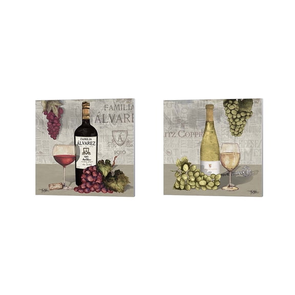 Great Art Now Uncork Wine and Grapes by Mary Beth Baker 2 Piece Canvas Art Set Each 14"W x 14"H