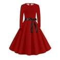 thumbnail image 5 of Women's Midi Dress Long Sleeve Crew Neck Solid Color Vintage Casual Belted Waist Dress for Spring Fall Everyday Wear,Wine,M, 5 of 6