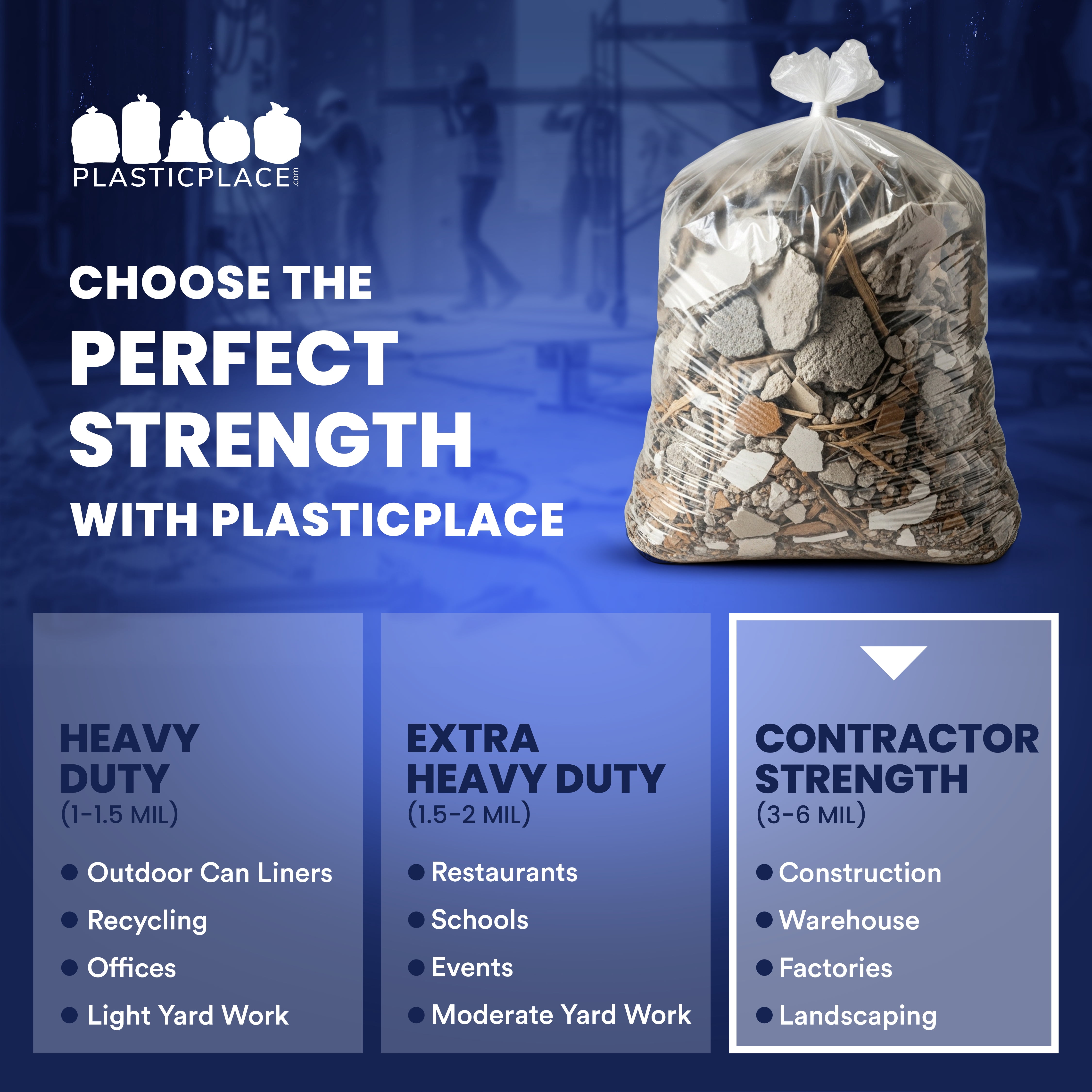 Plasticplace Contractor Trash Bags 55-60 Gallon, Heavy Duty Garbage Bags, 3.0 Mil Clear Trash Bags, Tear-Resistant Large Trash Can Liners for Construction, Recycling & Home Improvement (50 Count)