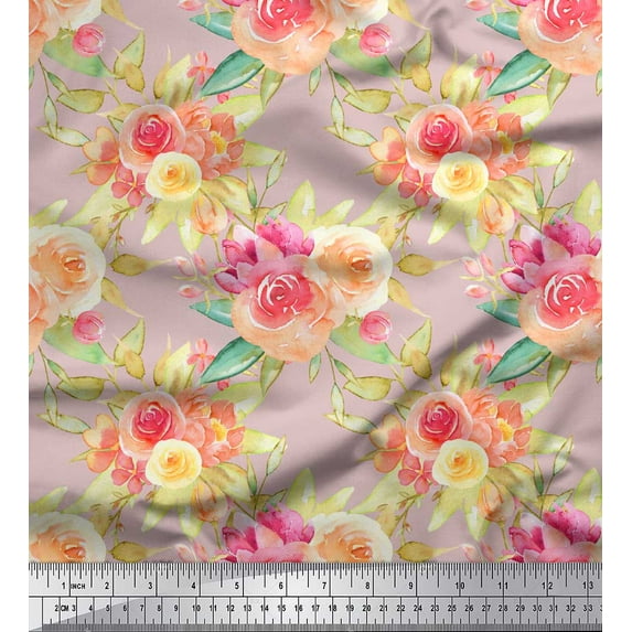Soimoi Pink polyester Crepe Fabric Leaves & Ranunculus Floral Print Fabric by the Yard 42 Inch Wide