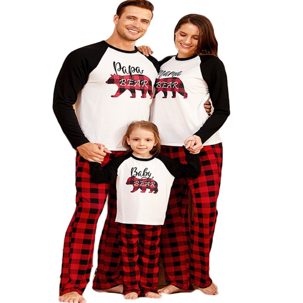 AMERTEER Holiday Family Pajamas Matching Sets Christmas PJs with Mama Bear Printed Romper Plaid Pants Sleepwear Walmart