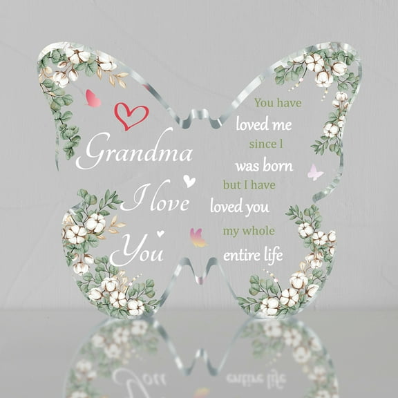 1 pc Grandma Gifts Butterfly-Shaped Acrylic Plaque Appreciation Birthday Paperweight for Home Office Table Desk Decor Flower Keepsake from Grandson Granddaughter Christmas