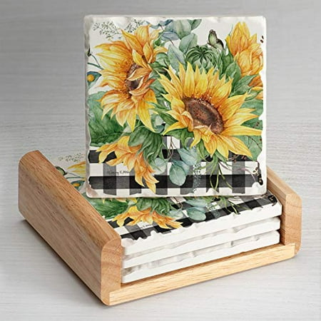 

CounterArt Sunflower Fields Single Image Absorbent Stone Coaster Set of 4 in Wooden Holder Made in the USA