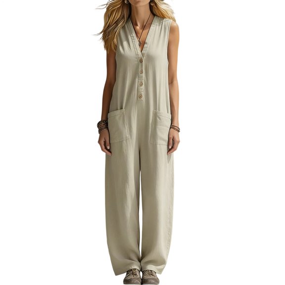 adaychics Sleeveless Jumpsuits for Women V Neck Loose Fit Summer Sleeveless Jumpsuits Wide Leg Baggy Overalls for Beach