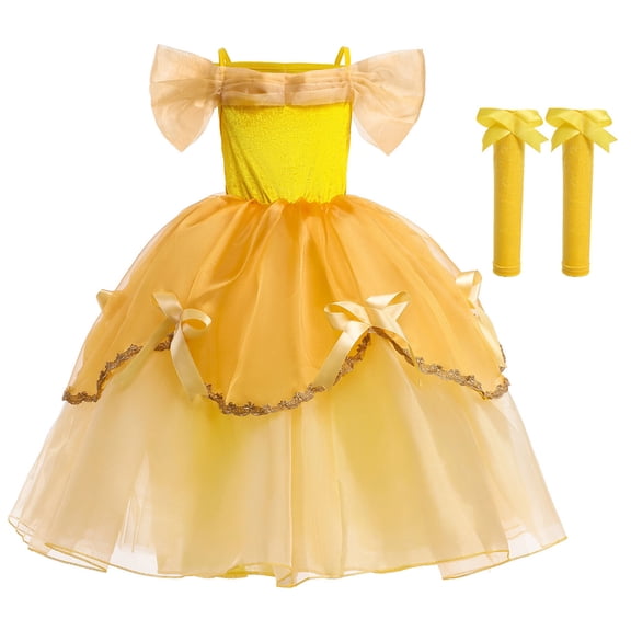Girls Yellow Princess Dress with Gloves Set Halloween Costume Fairy Tale Outfits for 3-8