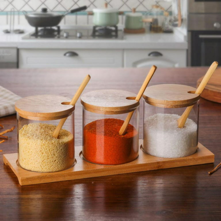 Seasoning Jar Set,Glass Spice Jar Set,Kitchen Seasoning Container,Condiment Jar with Lid with Spoon,for Chili Pepper Sugar Salt Spices, Size: 1 Set