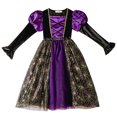 thumbnail image 5 of Witch Cosplay, Witch Costume, Witch Outfit, Witch Roleplay, Purple Gold Witch Dress Costume With Pointed Hat Medieval Gothic Gown Halloween Cosplay Outfit for Holiday Celebration, Purple 140, 5 of 8