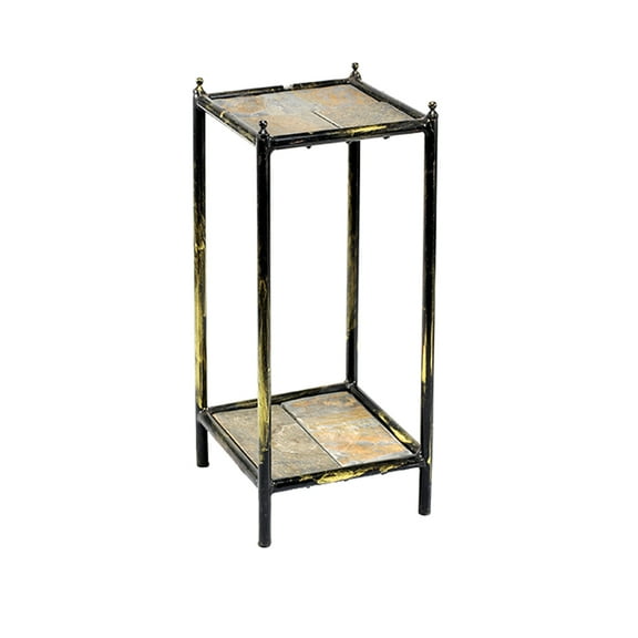 Benjara 2 Tier Square Stone Top Plant Stand with Metal Frame, Small, Black and Gray