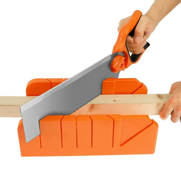 Mitre Box with Saw for Woodworking Cuts at 22.5° 45° and 90° Angles Orange Plastic Mitre Box and SK5 Steel Saw Set for Cutting Wood