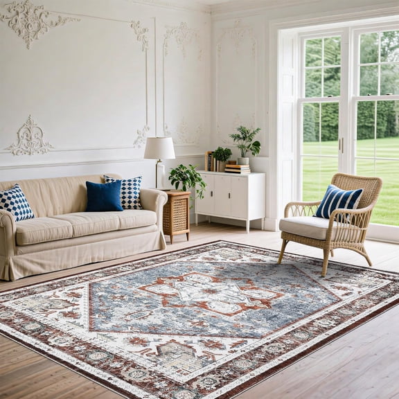Machine Washable 5x7 Ft Vintage Boho Floral Rug, Non-Slip, Low Pile for Living Room/Bedroom/Entryway/Dining Room/Office (Red)