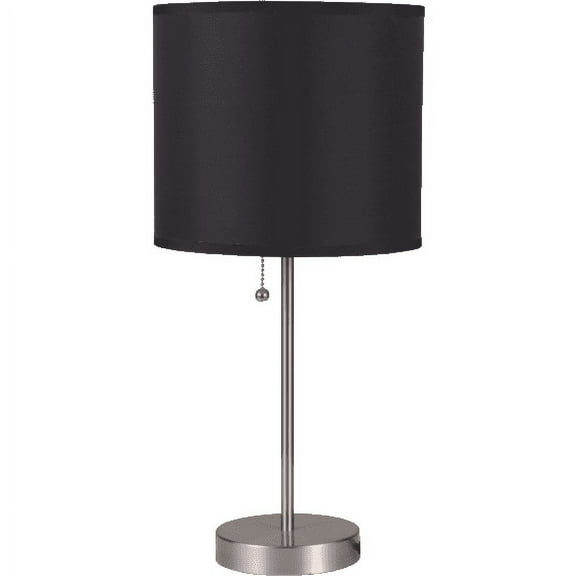 NEW Brushed Steel Base Black Fabric Shade, Pull Chain Switch, 19" Table Lamp 8312