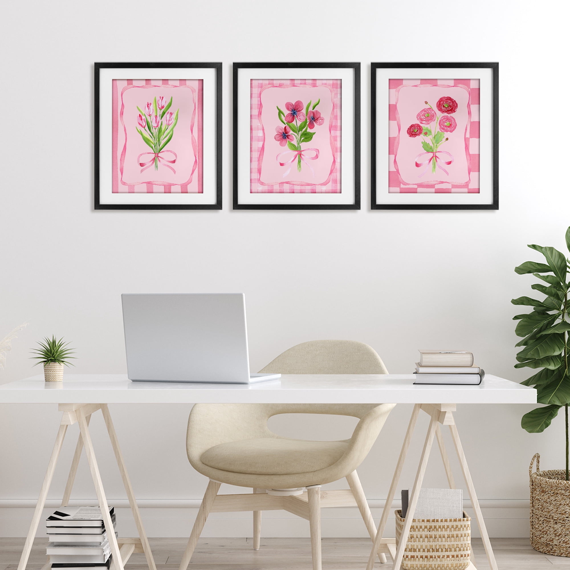 Pretty & Sweet Bordered Flowers 3 Piece Black Framed Print Under Glass Set, design by Nina Jacobs