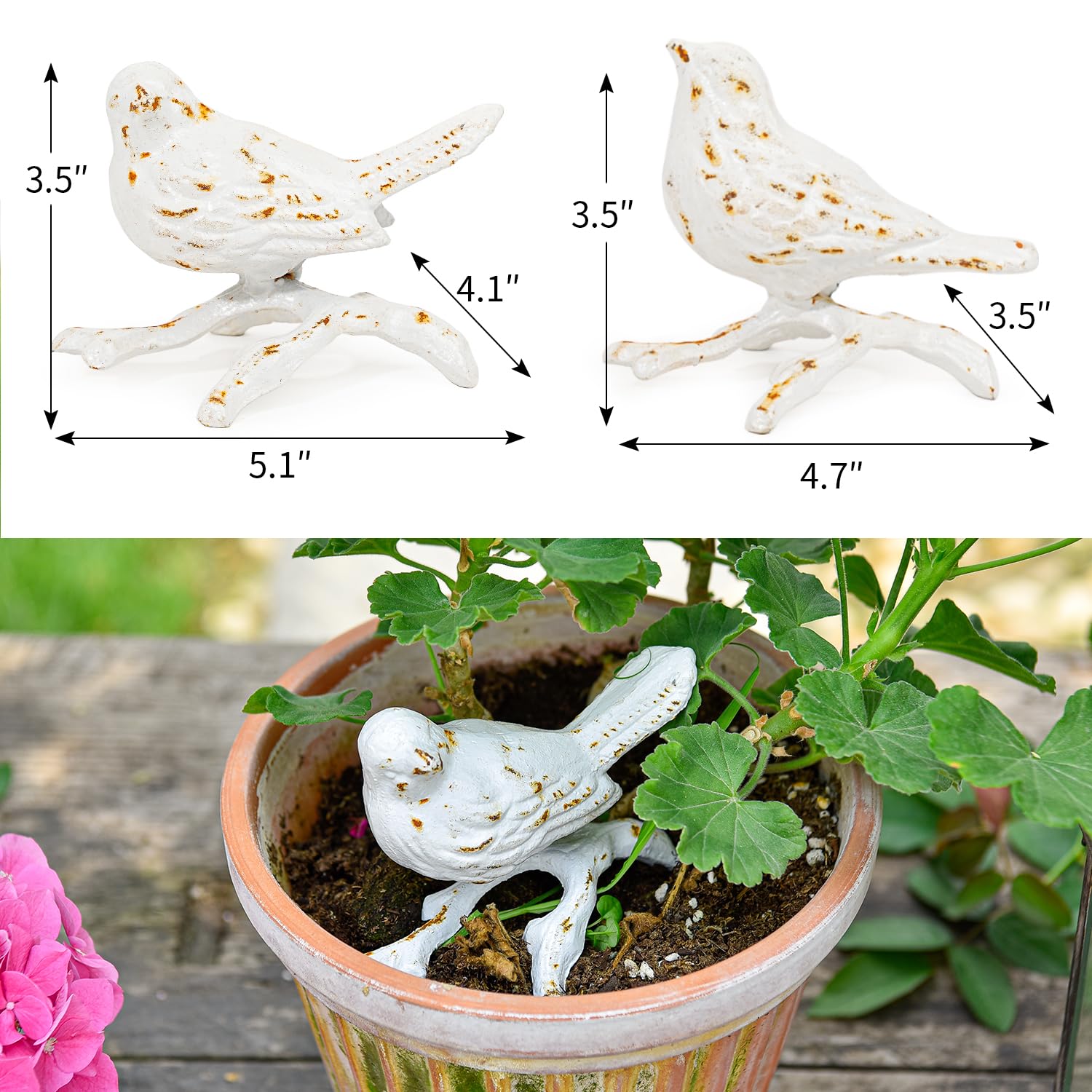 Sungmor Cast Iron Small Bird Statues, Set of 2 Antique White Bird with Branch Collectible Figurines, Farmhouse Home Garden Decorative Bird Sculpture, Realistic Indoor and Outdoor Ornaments