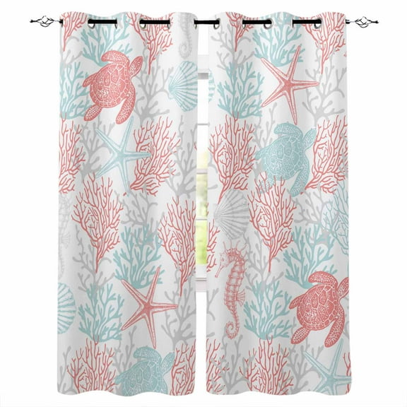 Fsddascl Red Aqua Coastal Blackout Curtains for Bedroom/Living Room, Thermal Insulated Kitchen Curtains, Sea Turtle Nautical Coral Summer Beach Grommet Darkening Window Treatment Drapes 42"x84"x2