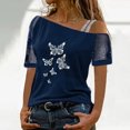 thumbnail image 2 of Gibobby Playeras Deportivas Mujeres impresas fuera del hombro Tops camisa Sexy brillo manga corta elegante camisa suelta blusa Top（Azul， S), 2 of 5