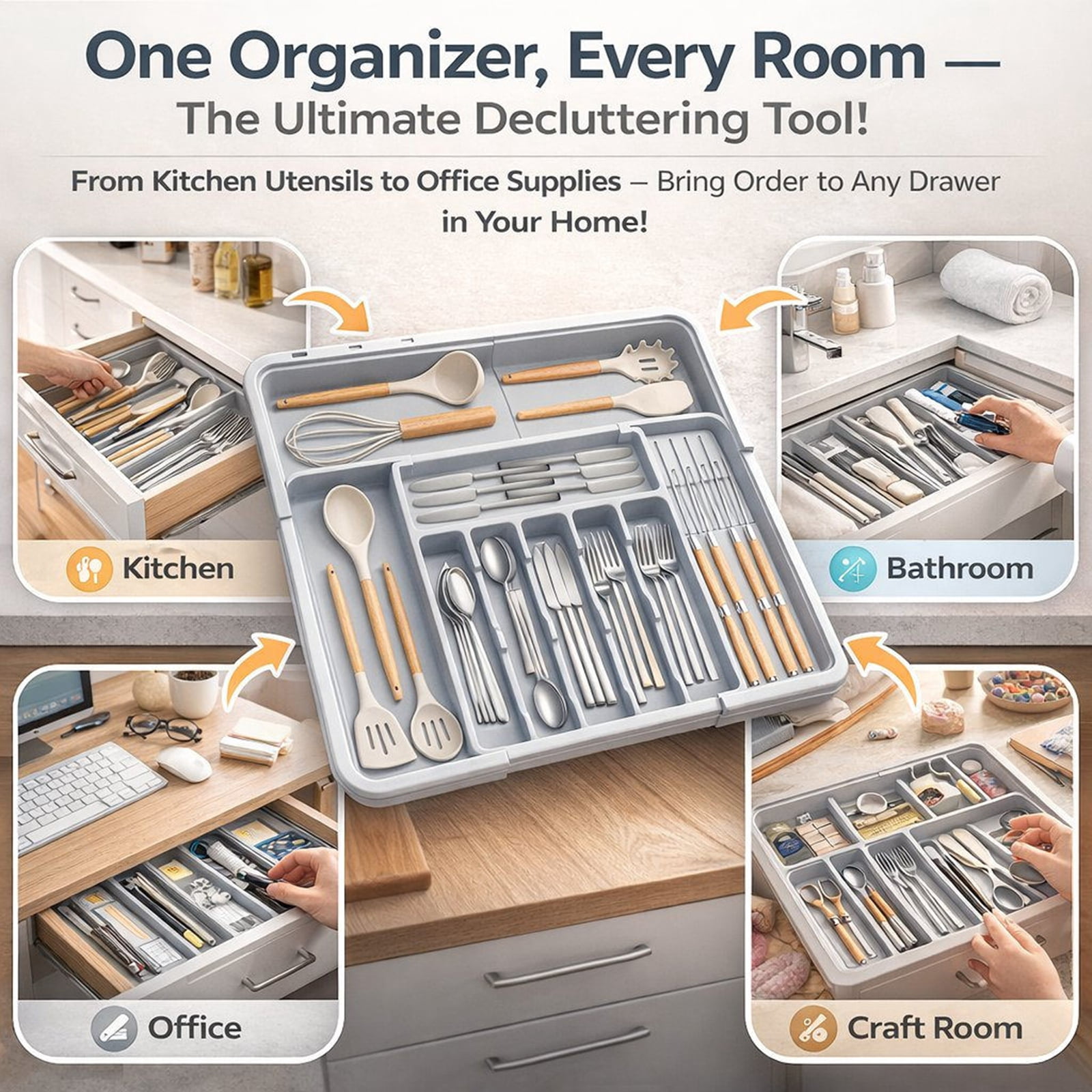 Djiypn Large Silverware Organizer, Expandable Utensils Drawer Organizer for Kitchen Drawers, Kitchen Drawer Organizer for Spoons/Forks/Knives, Multipurpose & BPA Free Cutlery Tray, Gray, 1 Pack