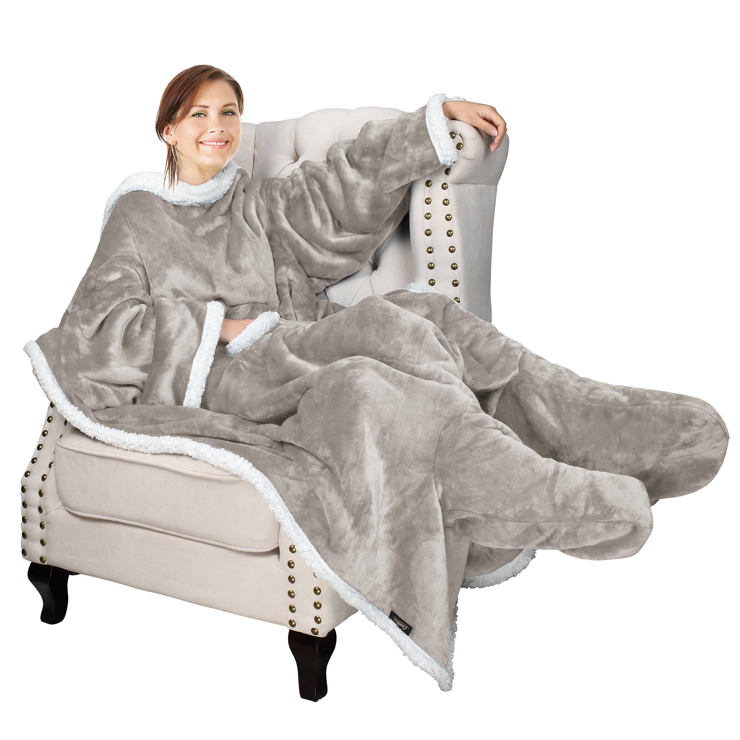 Catalonia Sherpa Wearable Blanket with Sleeves & Foot Pockets for Adult Women Men, Comfy Snuggle Wrap Sleeved Throw Blanket Robe, Gift Idea, Camel, 75" x 53"