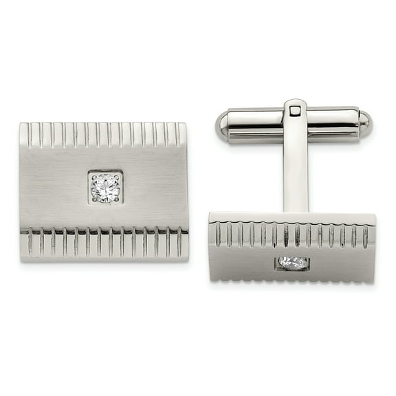 Stainless Steel Polished and Brushed CZ Cuff Links