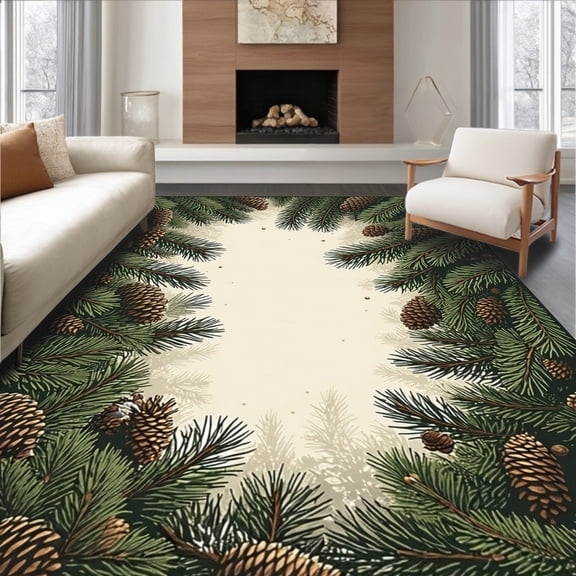 ODIKA 4'x6' Machine Washable Non-Slip Area Rug, Naturalistic Pine Tree Decorative Appeal High Traffic Rug, Beige, 27262