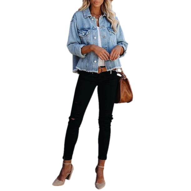 VISgogo - Chaqueta de mezclilla lavada para mujer, manga larga, con botones, suelta, para novio VISgogo moda
