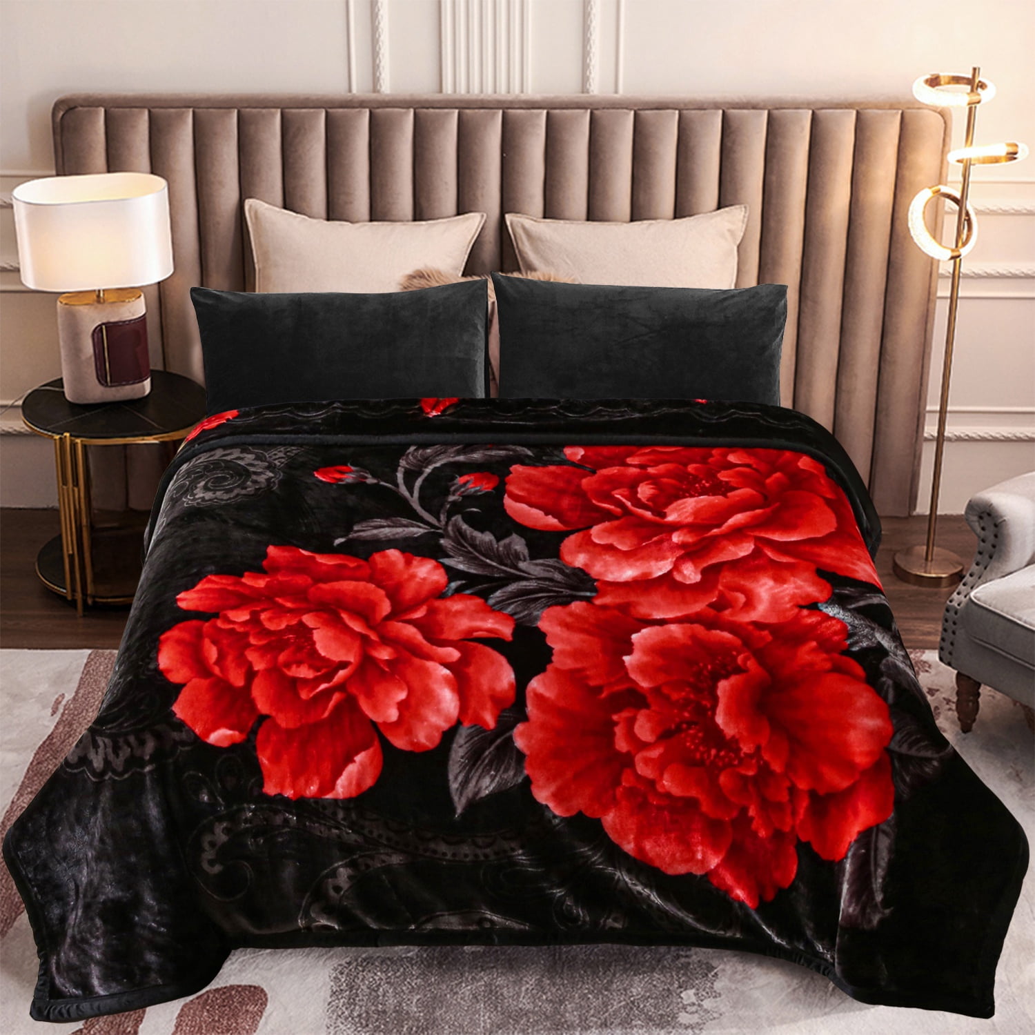 MERRY HOME King Size Fleece Blanket For Bed, A & B Patterns Soft Warm Floral Blanket, Microfiber Plush Middle Weight Bed Blanket For All Season, Black Background Red Rose/ Peony, 5.7LB, 83"x91"