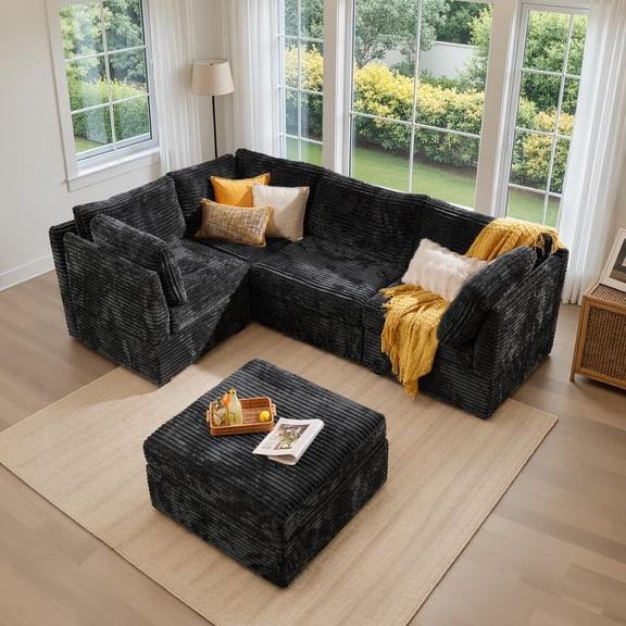 Ovios 98" Modular Sectional Sofa L Shaped Couch with Ottoman 5-Seater Extra Deep Seat Convertible Cloud Couches for Living Room, Black