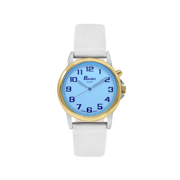 Bandni Womens Glow Watch - Leather Quick Release Band - 28mm Analog Women's Easy to Read Watch with Light, Light Up Watches, Quartz, White Dial, Big Numbers, Glow in Dark Hands - Two-Tone / White