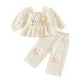 thumbnail image 2 of Miaouyo 0-4 Years Toddler Baby Girl Fall Outfits 3D Flower Smocked Ruffled Trim Crew Neck Long Sleeve Tops with Pants 2 Pcs Set, 2 of 10