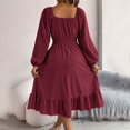 thumbnail image 5 of Ailaofu Women's Solid Color Square Neck Long Sleeve Tie Waist Ruffle Hem A-Line Casual Midi Dress, 5 of 7
