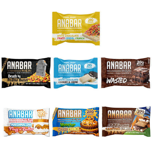 Anabar Protein 7 Bars, Smores, Cookies and Cream, Fruity Cereal, Fluff and Butter, Death by Peanut Butter, Chocolate Wasted, Monster Cookie Crunch