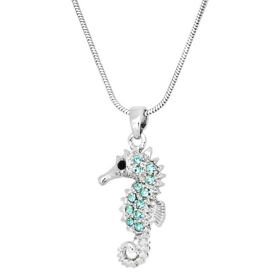 Seahorse Pendant Necklace Aqua Rhinestone Crystal Rhodium Plated 17 Inch Snake Chain J0237-AQ