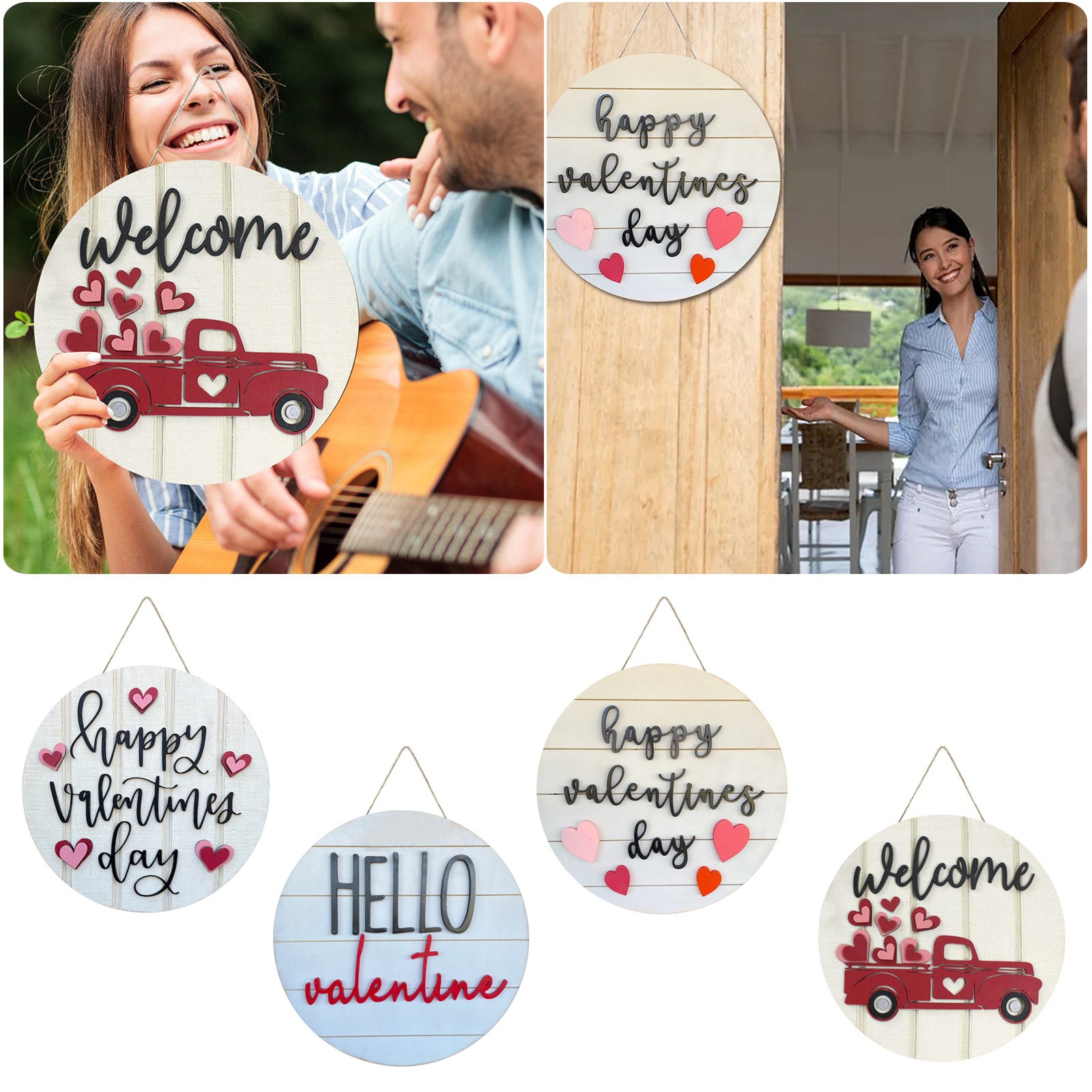 Happy Valentine's Day Shiplap Sign Car With Love Heart Wood Door Hanger 