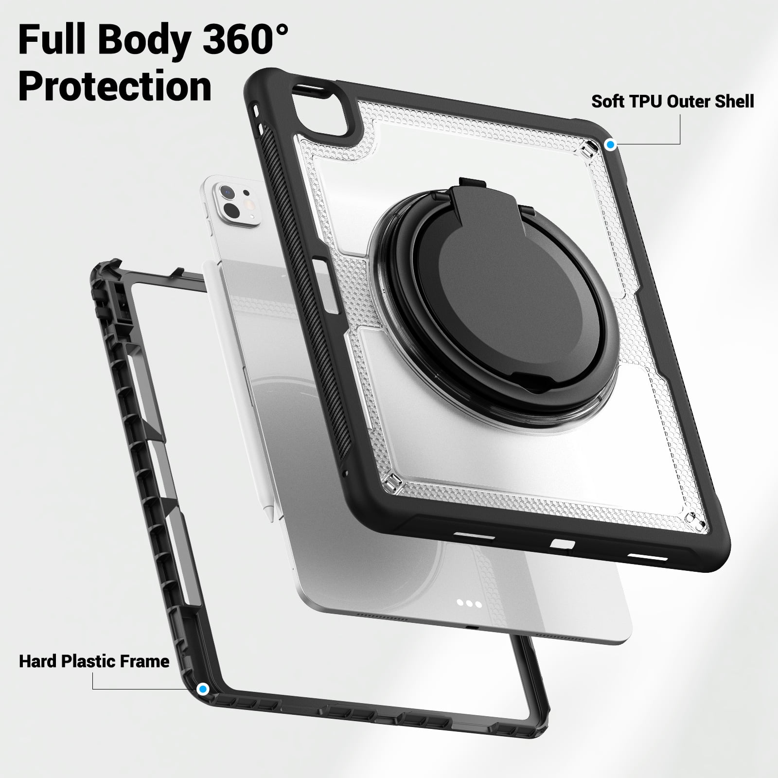 Shockproof Case for Apple iPad Pro 11 Inch 2024, Rugged Hybrid Protective Cover with Pencil Holder & Shoulder Strap Kids Friendly Rotating Kickstand Case for iPad Pro 11" 2024 M4,Clear