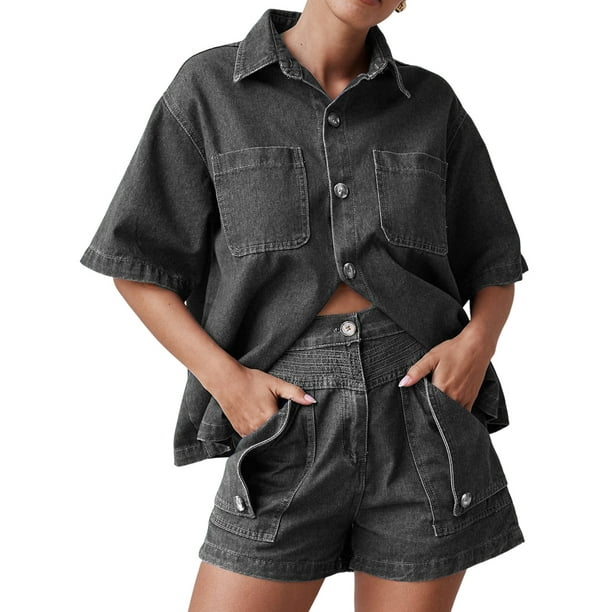 Conjuntos de 2 Piezas para Mujer: Camisa Vaquera Azul de Corta con Botones y Pantalones Cortos de Mezclilla de Cintura Alta. Gris M