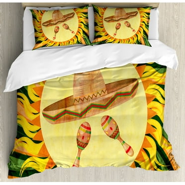 Mexican Decorations King Size Duvet Cover Set, Ethnic Hat and Maracas in the Centre of Sun Figure Hippie Style Boho Home, Decorative 3 Piece Bedding Set with 2 Pillow Shams, Multi, by Ambesonne