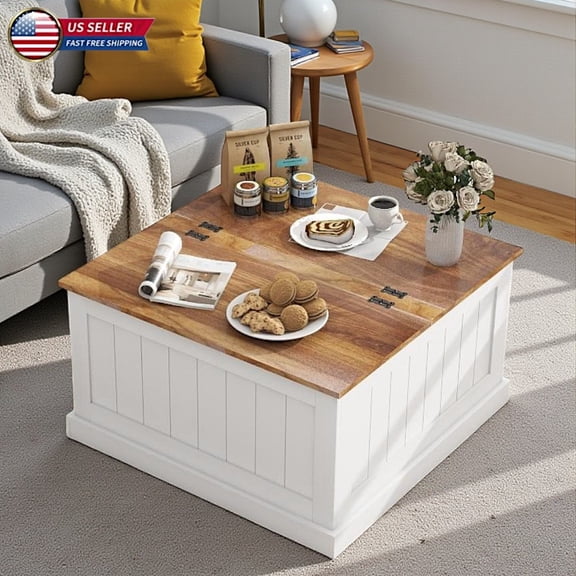 Hassch Farmhouse Coffee Table with Hinged Lift Top and Hidden Storage Organizer Compartment, 31.5" Square Center Tea Table for Living Room Home Office (White and Natural)