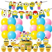 Minions Big Eyes Cute Theme Despicable Me Birthday Party Decoration Set, Cartoon Birthday Party Supplies Include Happy Birthday Banner,Balloon, Cupcake Cake Decoration,Suitable for Children and Adults