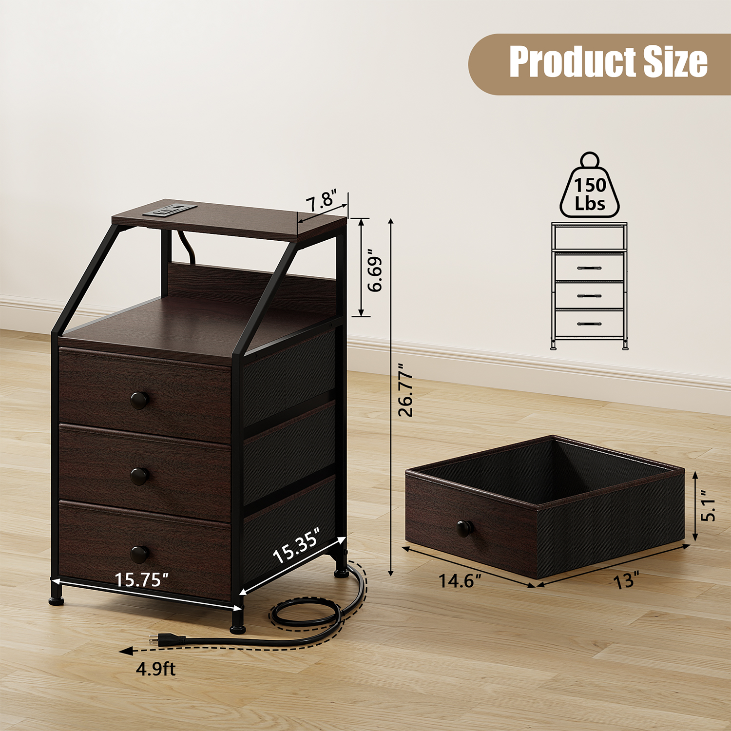 GUNAITO LED Nightstand with Charging Station, Brown photo 5