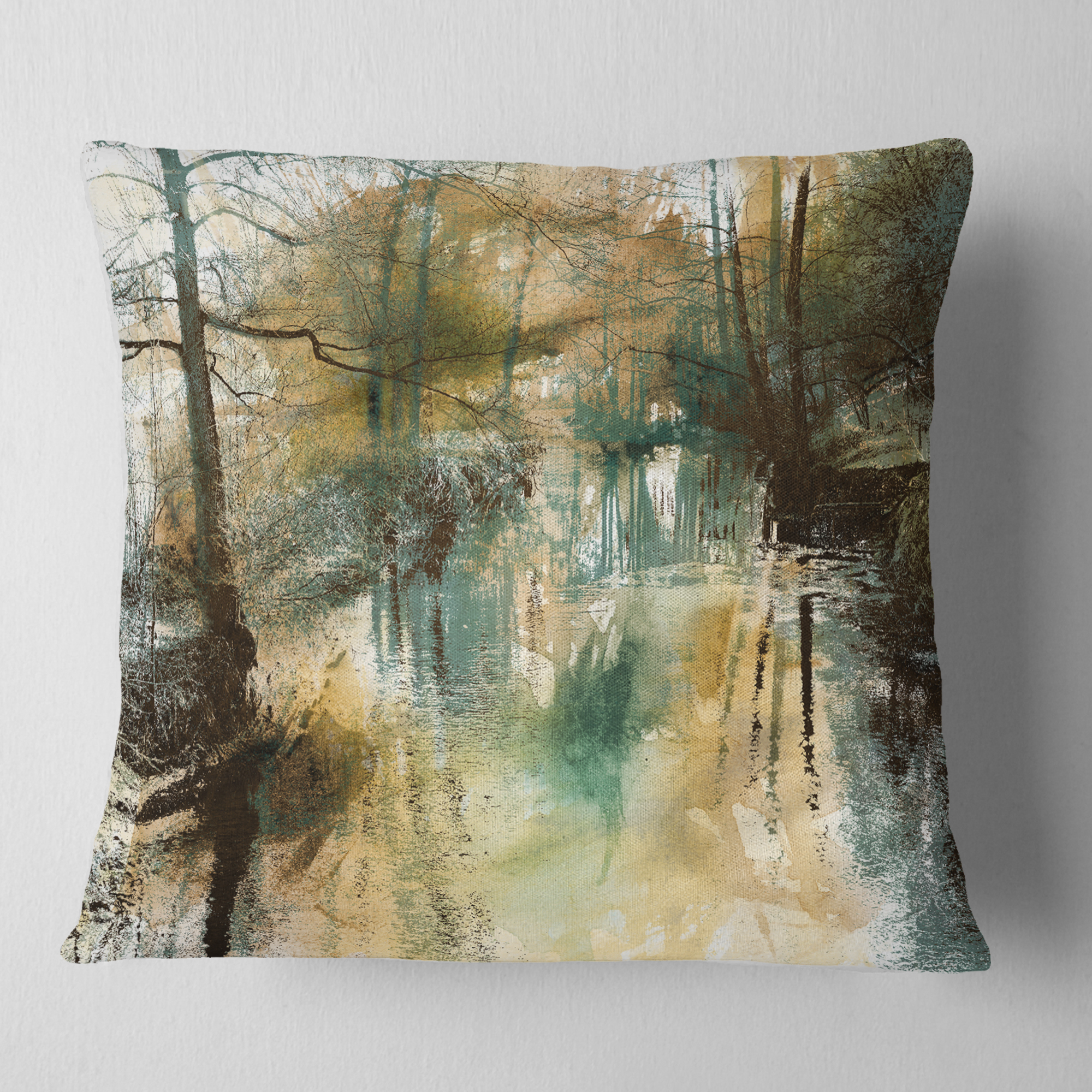 Designart River and Trees Oil Painting - Landscape Painting Throw Pillow - 16x16